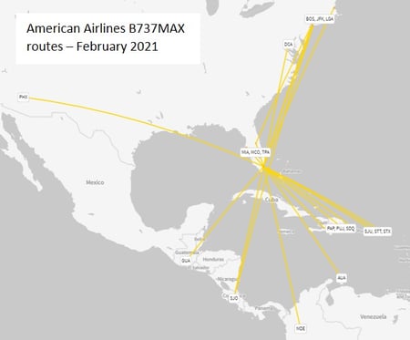 American Airlines B737MAX routes Feb 2021 OAG