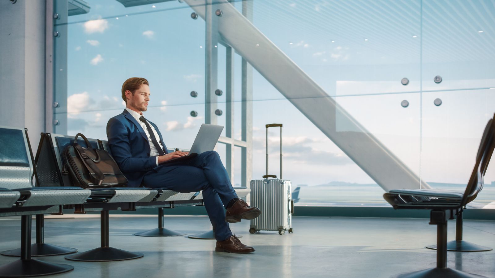 Man working in airport lounge